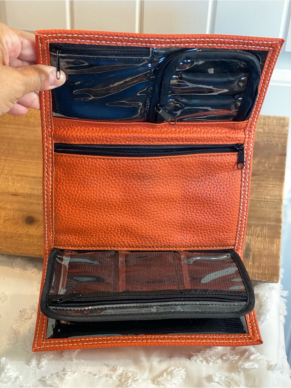Orange Leather Travel Jewelry Wallet with Silver Ring - Picture 7 of 13